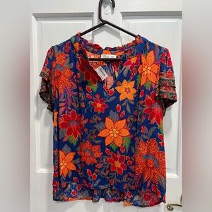 RACHEL ZOE NWT Floral Blue Red Orange Ruffle Short Sleeve V Neck Blouse SIZE XL